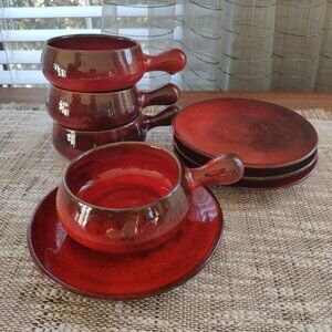 La Turbie France Bowls Plates Set of 8, VTG Studio Art Pottery Terracotta signed